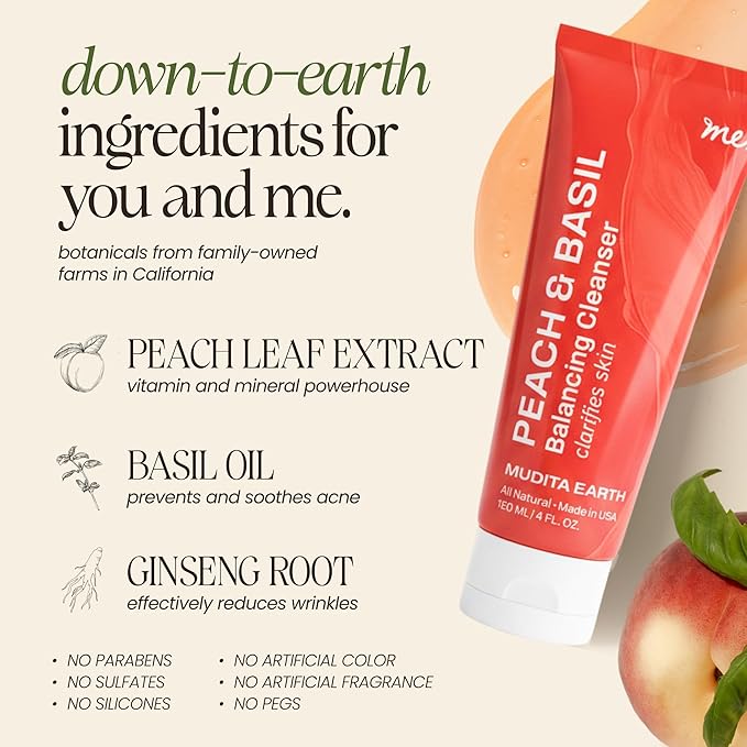 Mudita Earth Vitamin C Cleanser – 4 fl oz | Peach & Basil Balancing Face Wash | Gentle Sulfate-Free Cleanser for Sensitive, Oily & Acne-Prone Skin, Lactic Acid Polish