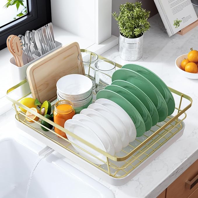 Kitsure Dish Drying Rack for Kitchen Counter, Stainless Steel Sink Organization and Storage Essentials with Cutlery Holder, Home and Appartment Decor, 12''W x 15.5''L, Gold