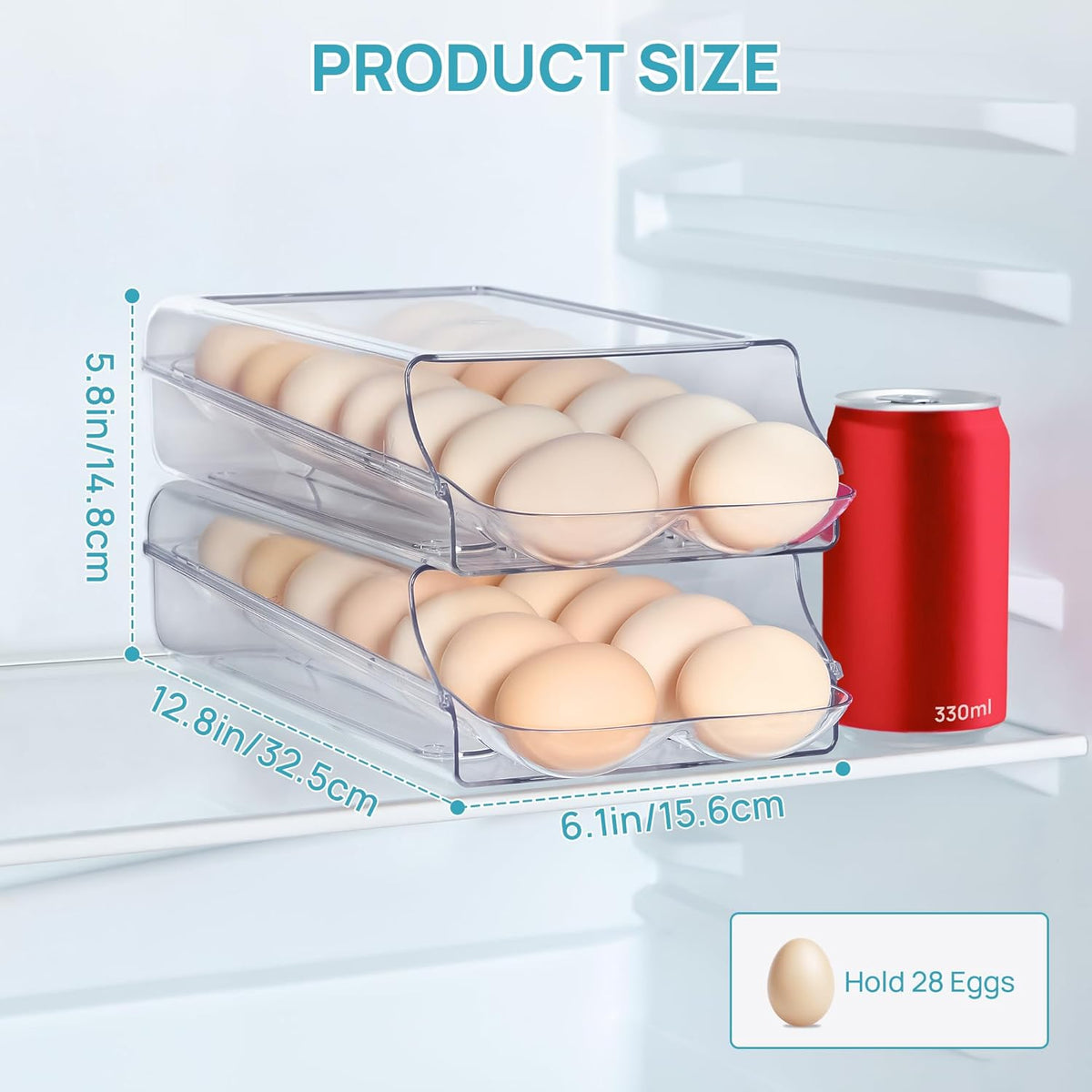 Vtopmart Clear Plastic Egg Holder for Fridge, Automatic Rolling Egg Container for Refrigerator, Stackable 14-Count Eggs Organizer with Removable Inner Tray, Fridge Organizers and Storage, 2Pack
