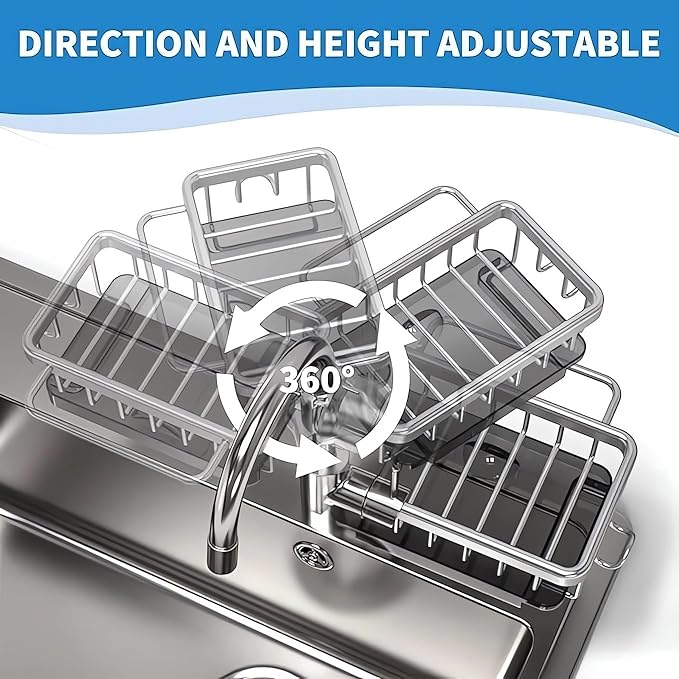 Kitchen Sink Faucet Organizer, Kitchen Sink Organizer Over Faucet, Over Sink Dish Drying Rack, Sponge Holder for Kitchen Sink, for 0.7-1.1 inch Round Water Pipe (Silver, Left Mount)