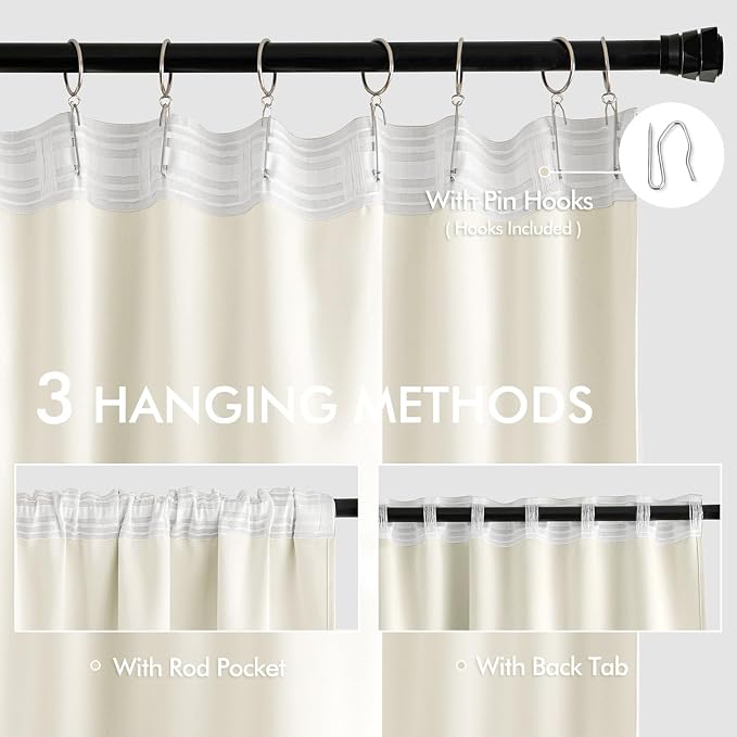 MIULEE Cream Back Tab Blackout Curtains 90 Inches Long 2 Panels Set