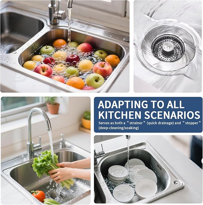 3-in-1 Kitchen Sink Drain Strainer and All-Purpose Scrub Sponges, Sink Stopper Pop-Up Drain Plug with Anti-Clogging Food Catcher Basket, Fits US Standard 3-1/2 Inch Sinks,Sponge Cleaning Dish
