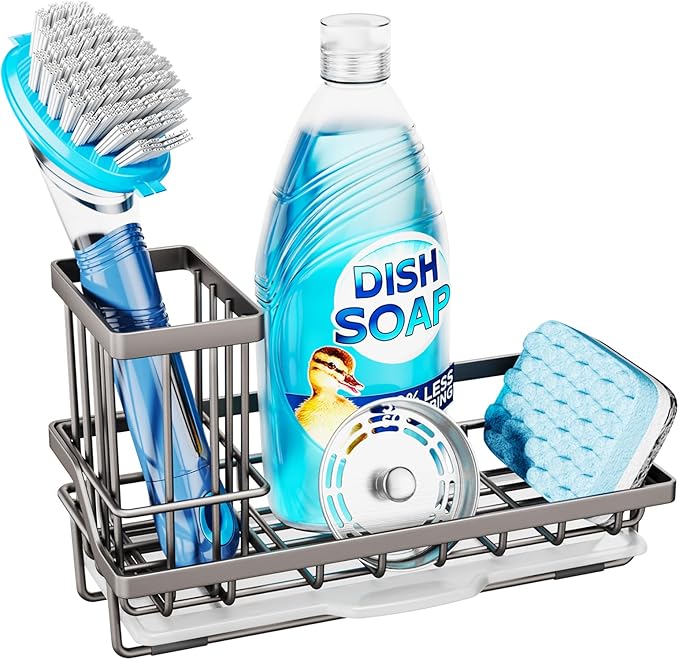 Consumest Sponge Holder for Kitchen Sink, Sink Caddy Organizer with Removable Drip Tray, Countertop Dish Soap Holder and Brush Holder, 304 Stainless Steel - Sand Nickel