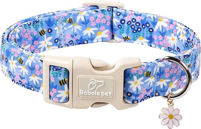 Floral Dog Collar for Medium Dogs - Cute Spring Dog Collars, Soft Lightweight Bee & Daisy Puppy Collar, Breathable Adjustable Male Female Blue Wildflowers Dogs Collars M
