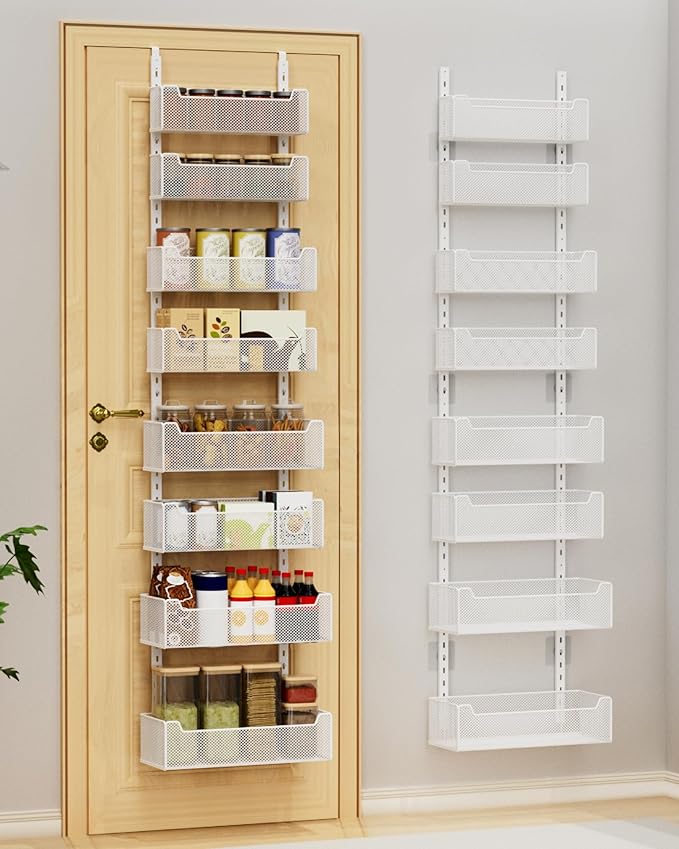 VyGrow Over the Door Organizer, 8-Tier Pantry Organizer with Fully Enclosed Mesh Baskets, Heavy-Duty Metal Hanging Spice Rack for Kitchen Bathroom Laundry Room, 2-in-1 Wall Mount or Door Mount, White