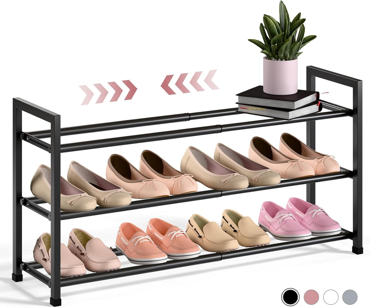 Bumusty 3-Tier Expandable Shoe Rack for Closet, 18“-33” Adjustable Shoe Rack for Small Space, Small Shoe Organizer for Front Door, Sturdy Metal, Black