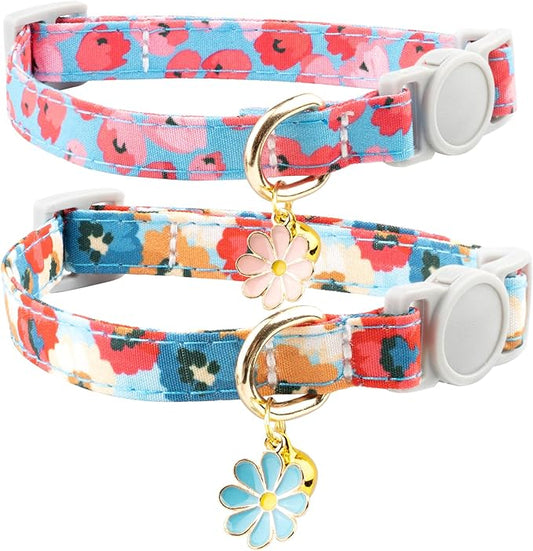 Faygarsle 2 Pack Breakaway Cat Collar with Bells for Girl Cats Cute Pink Collar with Flower Charm Floral Girly Spring for Cats