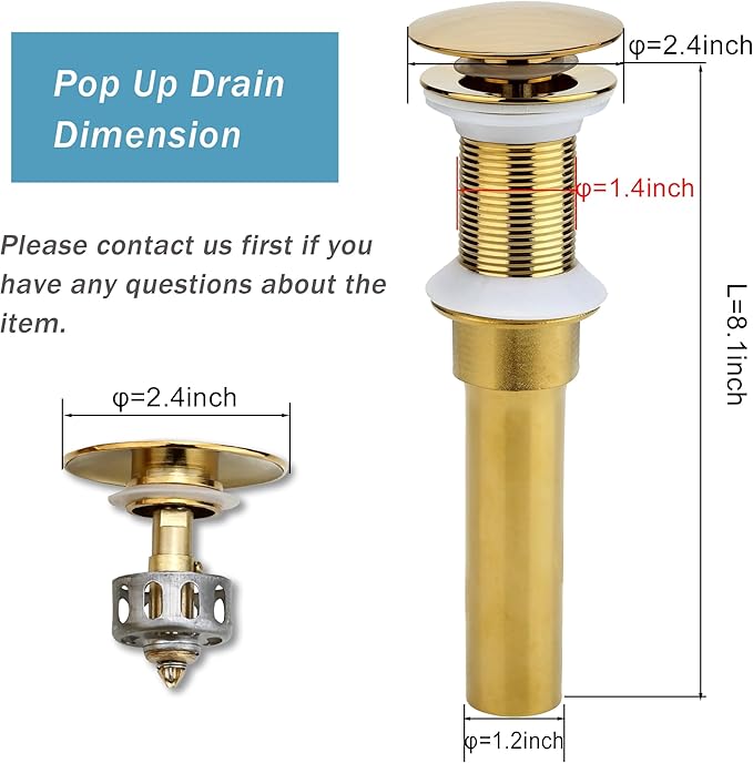 Rockgoya Bathroom Sink Drain, Gold Drain Stopper Bathroom Sink Without Overflow,Pop Up Drain Assembly with Detachable Strainer Basket,Built-in Anti-Clogging Strainer,Stainless Steel