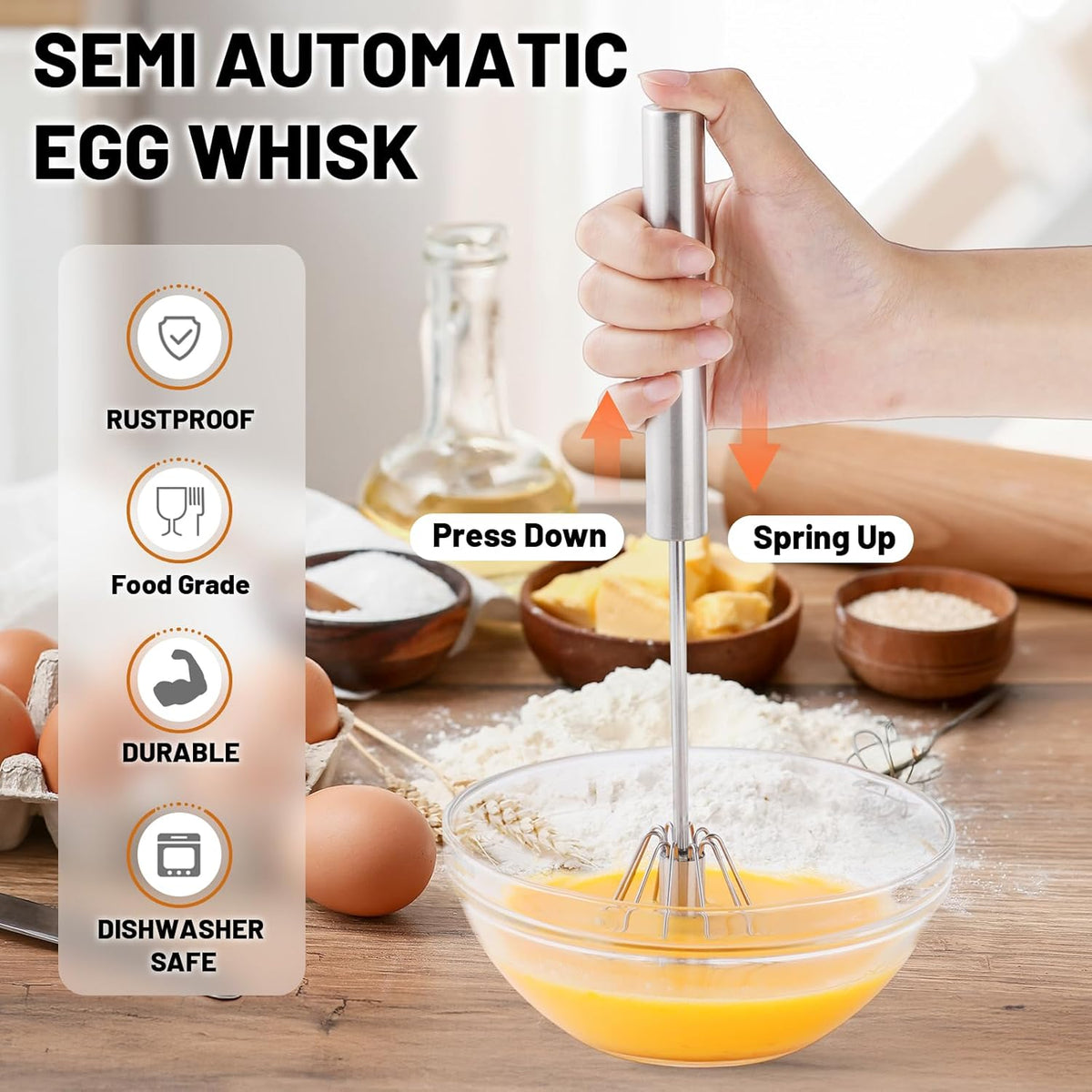 2026 Upgraded Semi-Automatic Stainless Steel Egg Beater – Hand Push Whisk for Baking, Cooking & Stirring – Perfect for Whisking Eggs, Batters & Creams – Effortless Mixing for Quick, Smooth (12in)