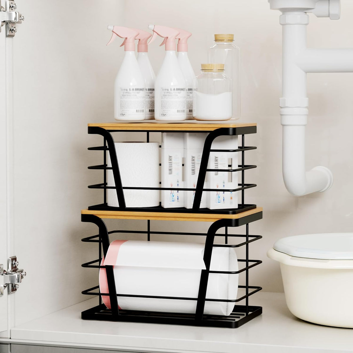 2 Pack Stackable Storage Laundry Kitchen Organizers, Wall Mount Trash Bag Holder with Bamboo Top and Garbage Bag Dispenser No Drill