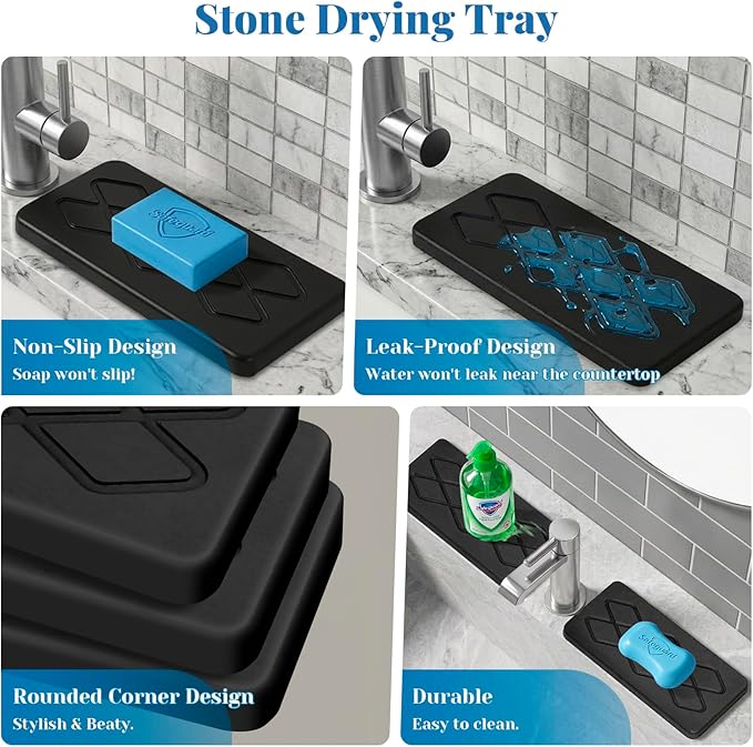 Quick Dry Sink Caddy Kitchen Sink Organizer, Easy to Clean Water Absorbing Stone Tray for Sink, Bottle Drying Rack, Sink Caddy, Vanity Organizer, Sponge Holder, 2 PCS