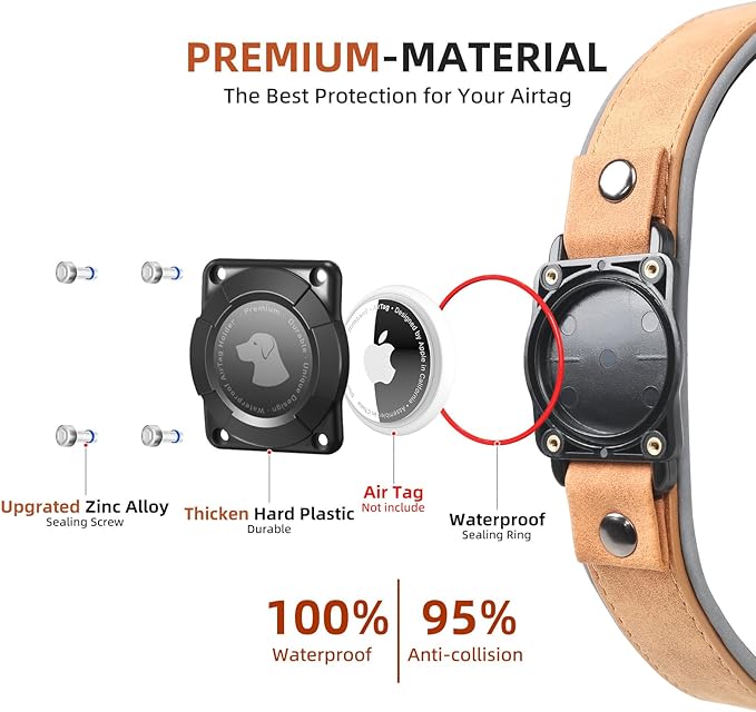 AirTag Dog Collar - Leather Dog Collar with Air Tag Holder | IPX8 Waterproof, Reflective, High - End, Adjustable Soft Padded | Dog GPS Tracker Collars Fit for Medium Large Dogs (Light Brown, M)