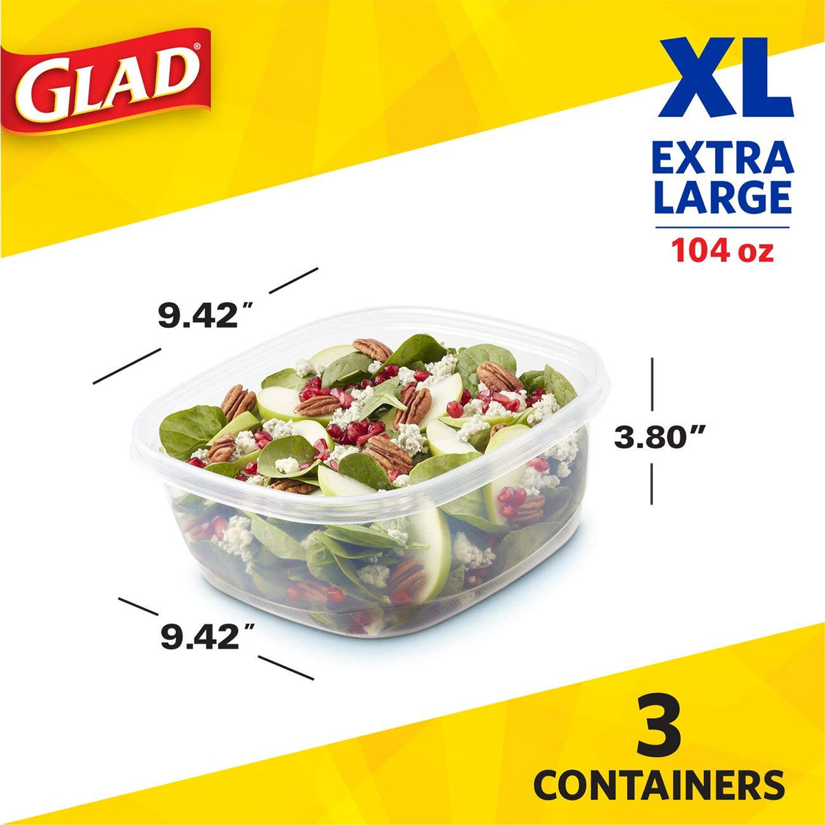 Glad Food Storage Containers - Family Sized Container - 104 Ounces - 3 Containers