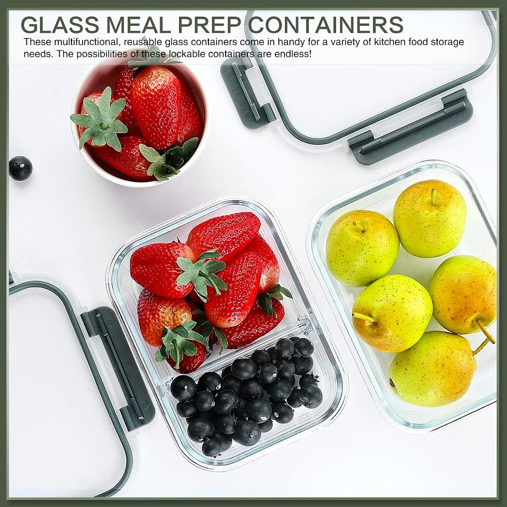 KOMUEE 10 Packs 30 oz Glass Meal Prep Containers,Glass Food Storage Containers with Lids,Airtight Lunch Bento Boxes,Microwave,Freezer and Dishwasher,Gray