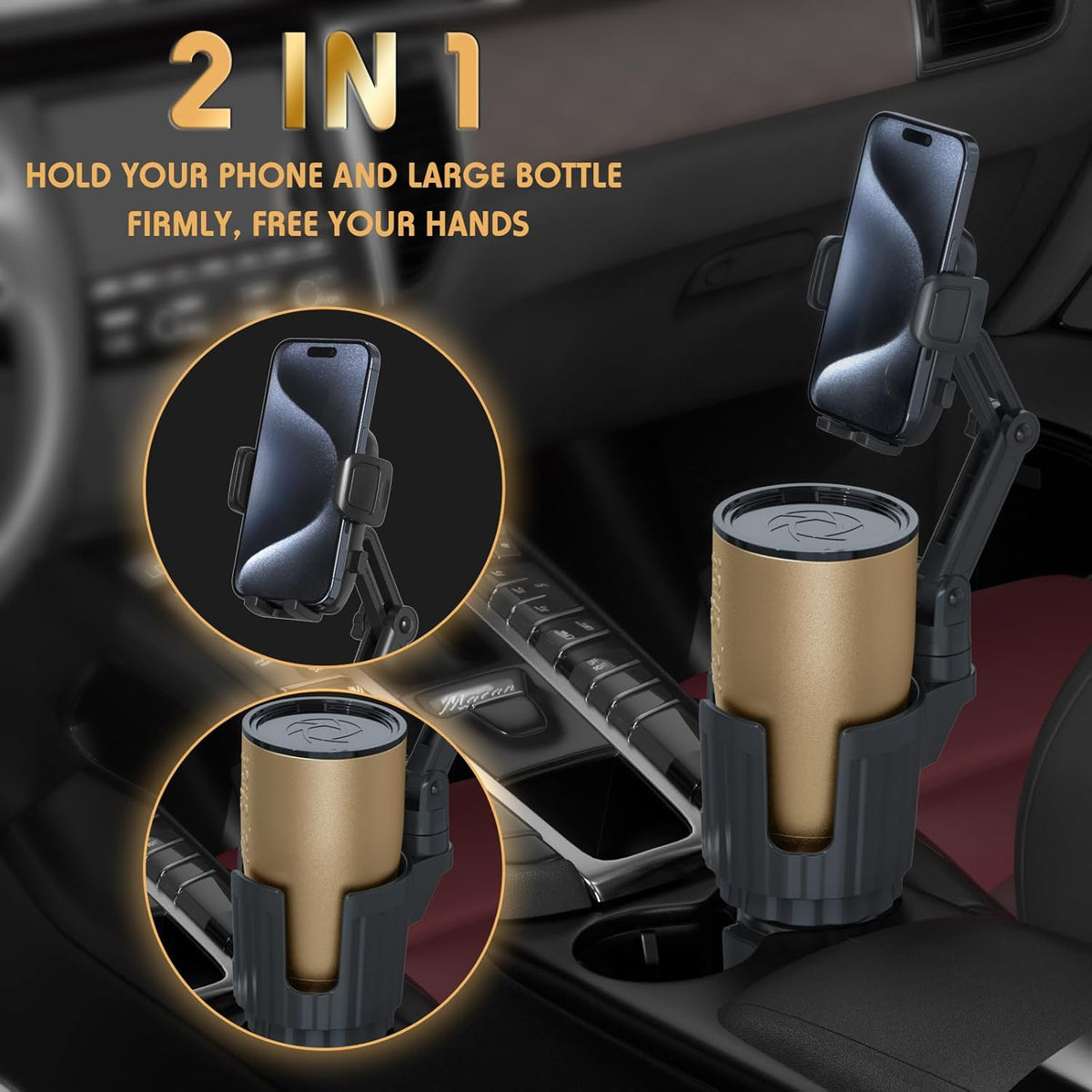 Phone Holders for Your Car, 2 in 1 Universal Cup Holder Expander Adjustable Base with Phone Mount, Long Arm with 360°Rotation Cup Holder Phones Mount for Car Compatible with All Smartphones