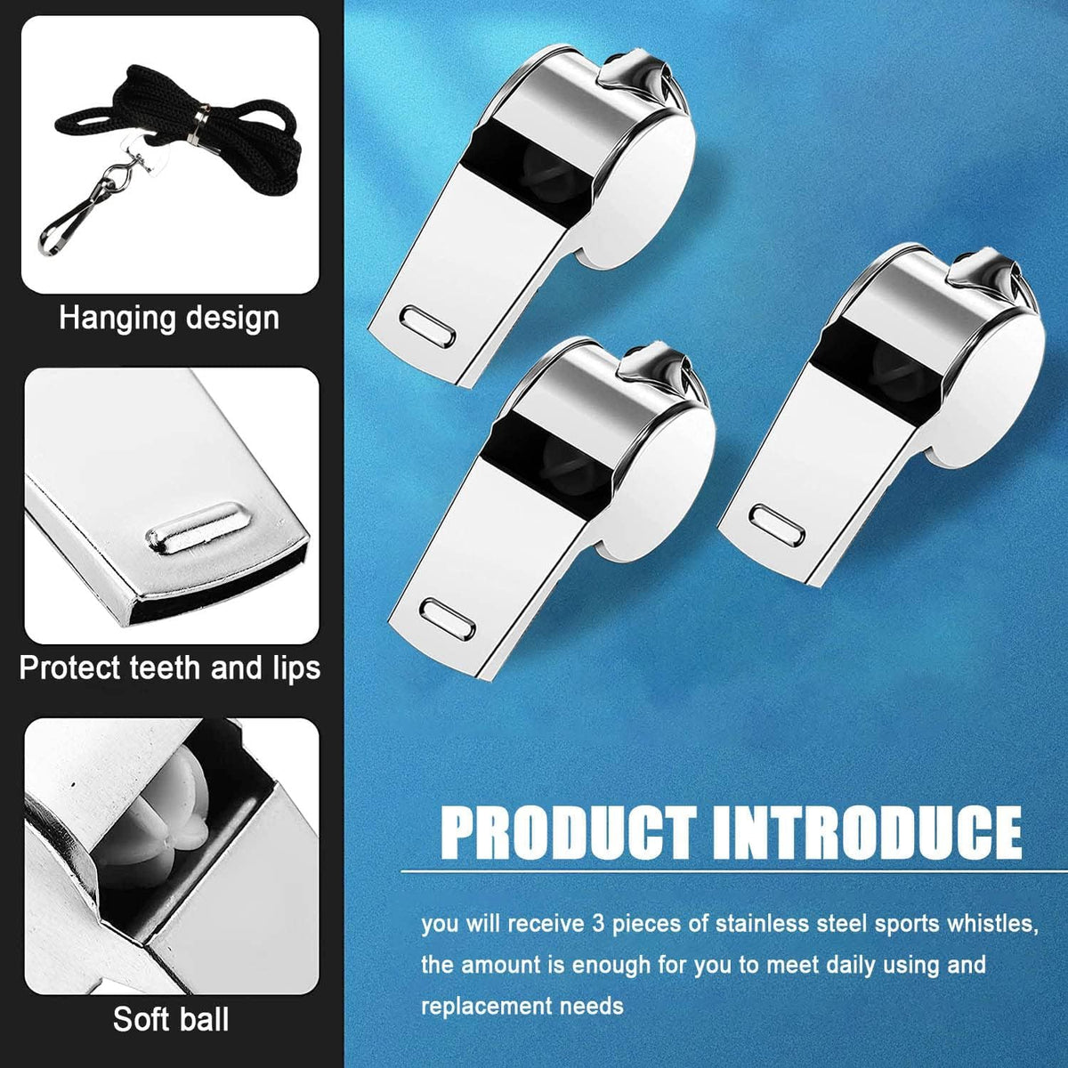 3 Pcs Whistle,Stainless Steel Sports Whistle with Lanyard for Coaches Referees Emergency Outdoor Sports