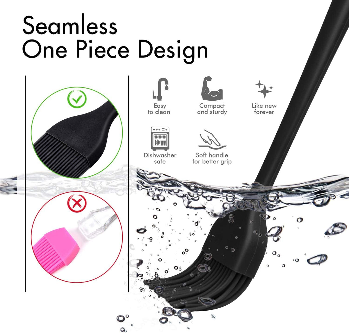 HOTEC 600℉ Heat Resistasnt Basting Brushes, BPA Free Silicone Pastry Brush, Spread Oil Butter Sauce Marinades for BBQ Grill Barbecue Baking Kitchen Cooking Dishwasher Safe (Black 2)