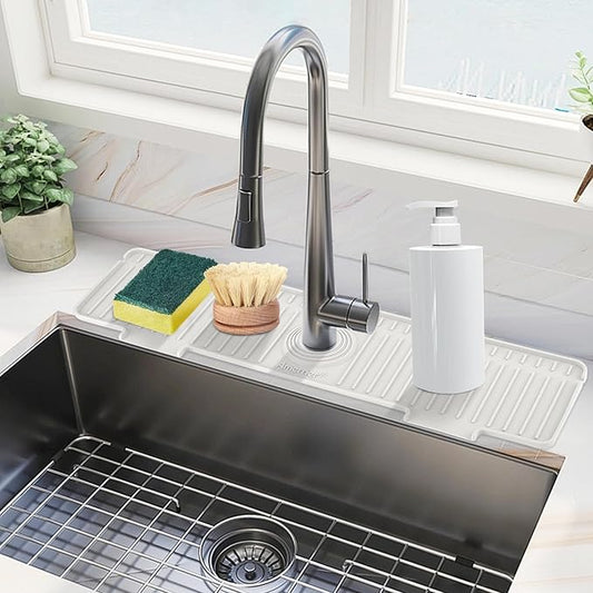 Kitchen Sink Splash Guard, 20IN Longer Silicone Faucet Guard & Draining Mat, Bathroom and Kitchen Sink Organizer, Sink Faucet Mat Water Splash Guard Behind Faucet Accessories Gadget, 20” x 5.5”, White
