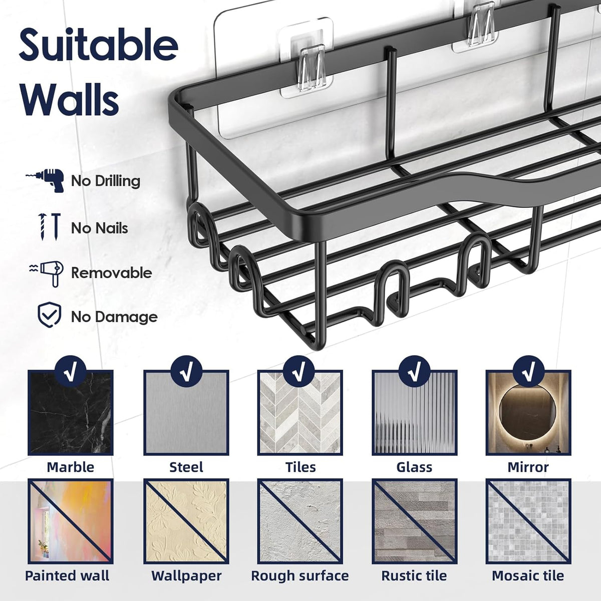 Shower Caddy Adhesive Shower Organizer 7-Pack, Rustproof Stainless Steel Bathroom Shelves, Large Capacity No-Drill Rack Storage Accessories with Soap Dish Toothbrush Holder &24 Hooks Home Decor