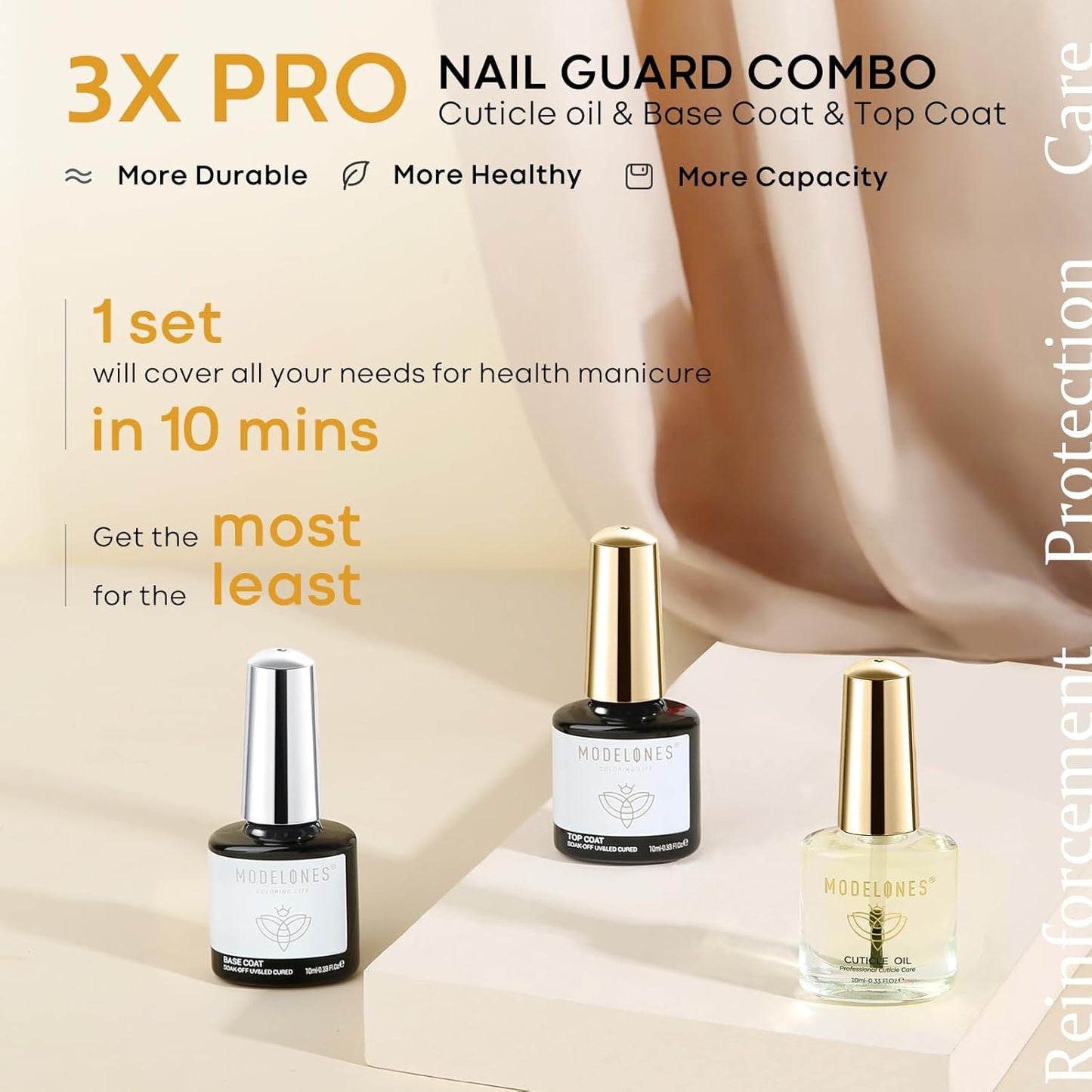 modelones 3 Pcs Gel Top Coat & Base with Cuticle Oil Set,10 ml Cuticle Protectors Set Gel Nail Polish No Wipe Base Gloss Top Coat & Nail Oil