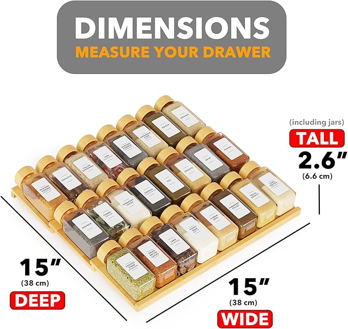 SpaceAid Bamboo Spice Drawer Organizer with 24 Spice Jars, 378 White Minimalist Spice Labels, 3 Tier Seasoning Rack Tray Insert for Kitchen Drawers, 15" Wide x 15" Deep x 2.6" Tall