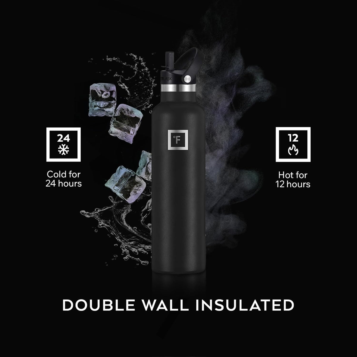 IRON °FLASK Camping & Hiking Hydration Flask with Straw, BPA-Free Insulated Stainless Steel Sports Water Bottle - 24 oz Midnight Black