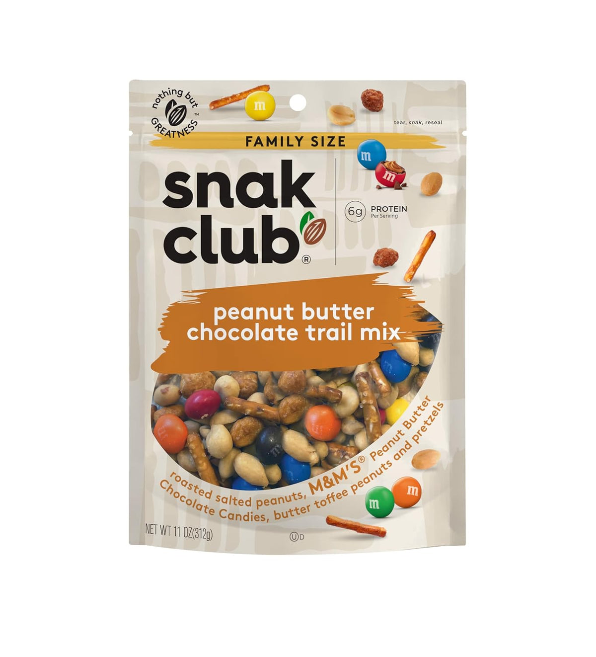 Snak Club Peanut Butter Chocolate Trail Mix with Peanuts, Peanut Butter M&M’S, Toffee Peanuts, and Pretzels, 11 oz Resealable Bag