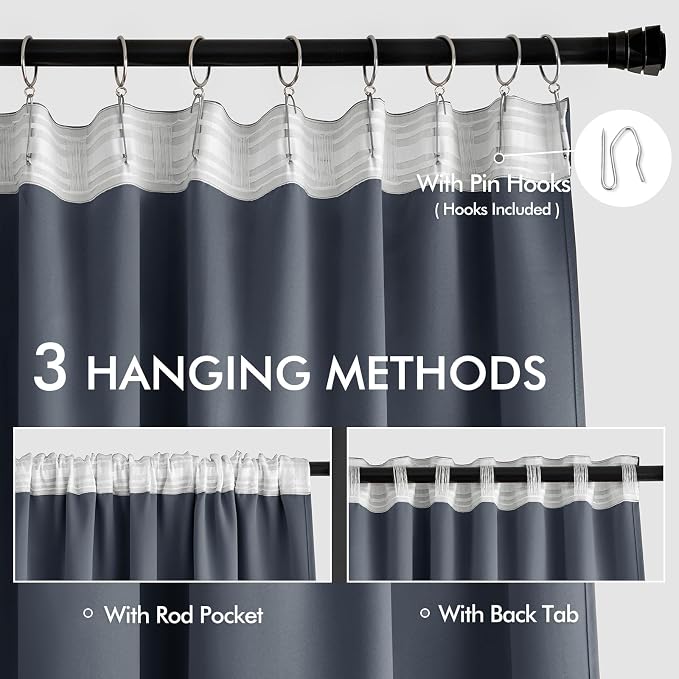 MIULEE Stone Blue Back Tab Blackout Curtain 96 Inch Long 2 Panels Set