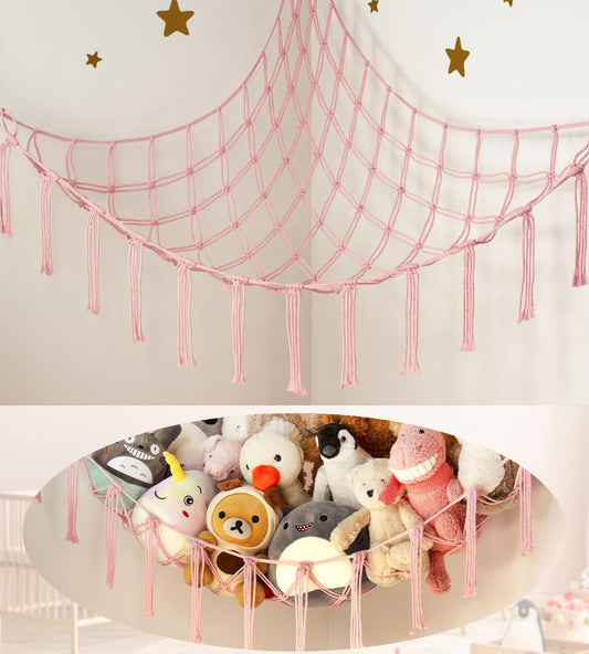 Stuffed Animal Storage Hammock Corner Net - Pink Room Decor for Teen Girls - Toys Storage Hanging Stuff Animal Organizer Holder Cute Stuff - Boho Nursery Dorm Bedoom Decor Aesthetic