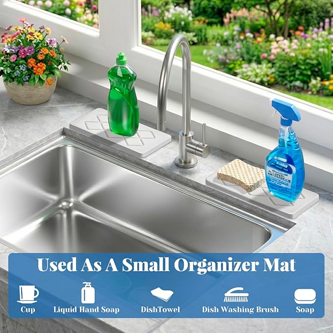 Diatomite Stone Sink Tray, 2PCS Water Absorbing Stone Trays, Quick Drying Hand Soap Holder with Anti-Skid Feet, Bathroom Tray Countertop for Bathroom Sink Kitchen Counter Faucet Organizer Decor