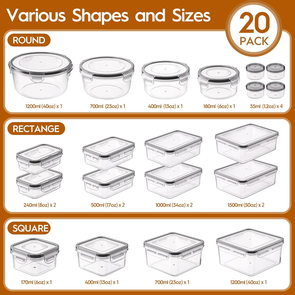 40 PCS Food Storage Containers with Lids Airtight (20 Containers & 20 Lids), Leak proof Meal Prep Container Set for Kitchen Storage, BPA-free, PVC-free Plastic, Microwave/Dishwasher Safe, Labels & Pen