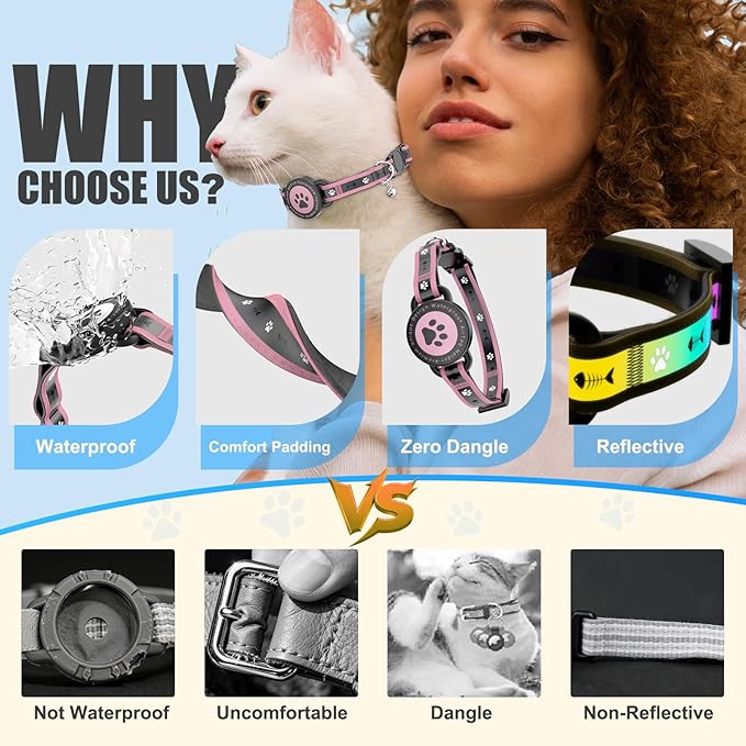 Airtag Cat Collar Breakaway, Reflective Cat Collar with AirTag Holder and Bell, Compatible with Apple Air Tag, Comfortable Padding, Adjustable, Durable (Pink, S)