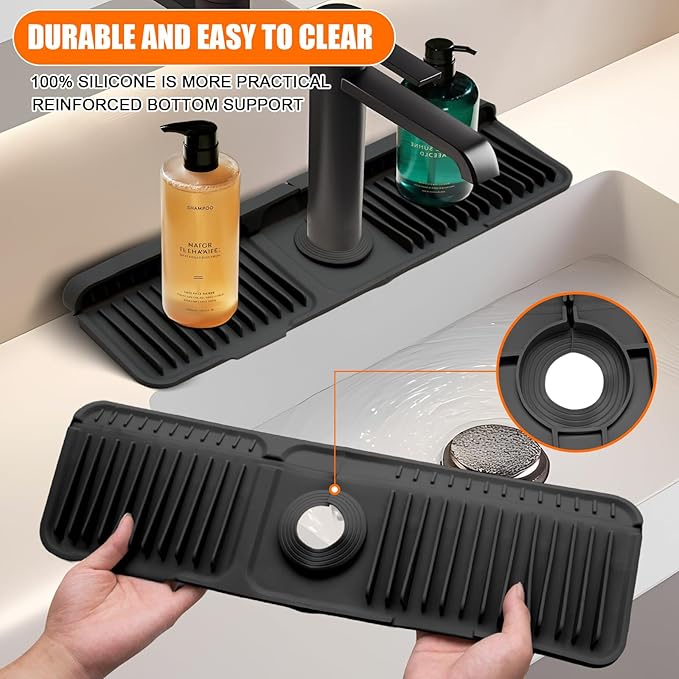 24" Silicone Faucet Mat for Kitchen Sink,7° Draining Mat with Snap Button Lock,Faucet Splash Guard and Sink Counter Organizer,Trim-to-Fit Kitchen Faucet Protector for Sponge Brush Cup