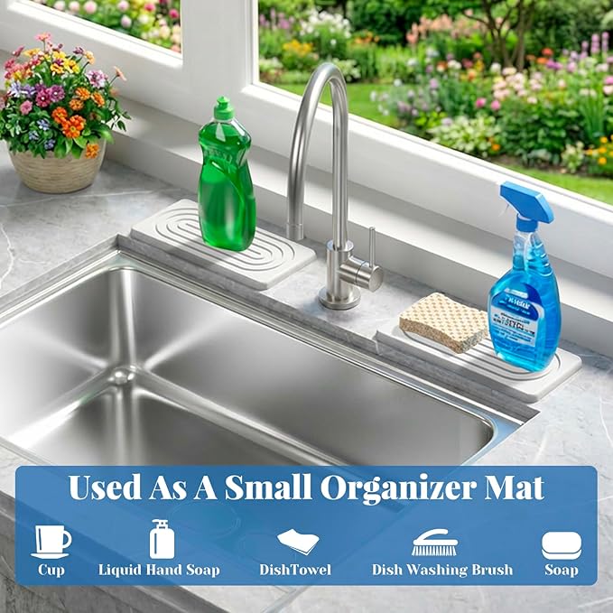 Water Absorbing Stone Tray, Bathroom Kitchen Soap Tray, Stone Drying Mat for Kitchen Counter Faucet, Vanity Sink Caddy Bar Coaster, Countertop Fast Drying Counter Trays, Diatomite Stone Sink Trays