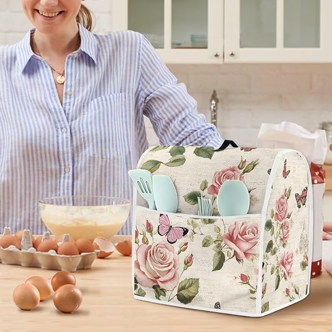 Pink Floral Butterfly Stand Mixer Cover Compatible with 6-8 Qt Blenders Machine Washable Kitchen Mixer Covers with Top Handle and Pockets for Counter Decor Housewarming Gifts