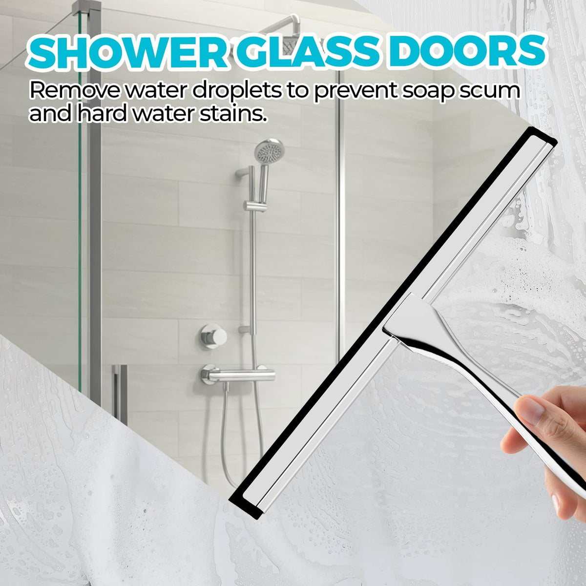2PACK Shower Squeegee for Glass Doors, Squeegee for Shower Glass，All-Purpose Tile Walls, Bathroom, Window, Glass and Car Windshield, Mirrors and Kitchen-Stainless Steel, 10 Inches, Silver