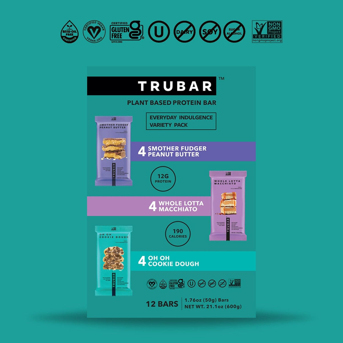 TRUBAR Vegan Protein Bar Variety Pack, Assorted Flavors, Peanut Butter, Macchiato, Cookie Dough, Gluten Free, Vegan Protein Snacks, 12G Plant-Based Protein, High Fiber, Healthy Protein Bars, 12 CT