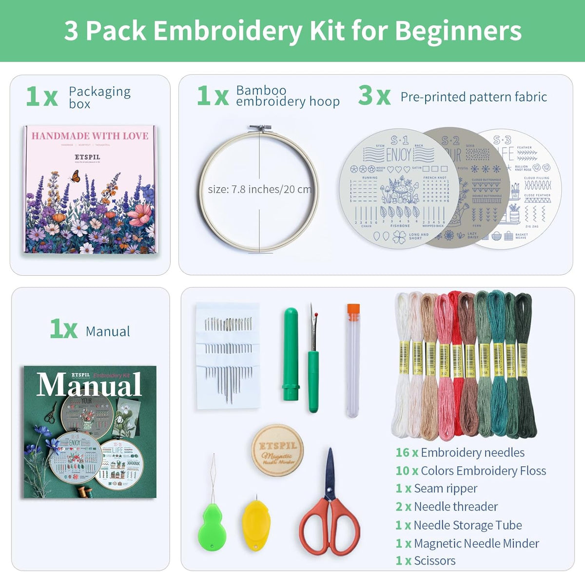 ETSPIL Embroidery Kit for Adult Beginners, 3-Pack 33-Stitch Practice Samplers, Pre-Stamped Patterns, 7.8-Inch Hoop, Threads & Needles, Step-by-Step Guide & Video, DIY Needlework Craft Gift for Women