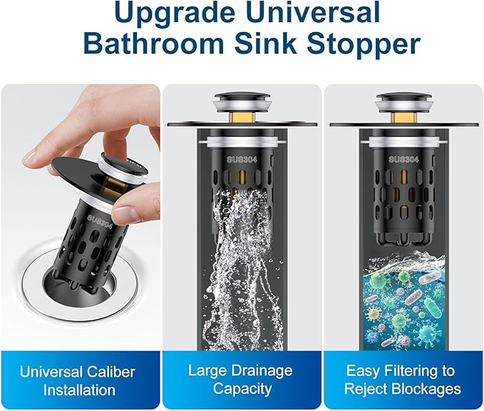 Bathroom Sink Drain Strainer,All Metal Pop-Up Sink Stopper with Removable Stainless Steel Filter Basket, Universal Bathroom Hair Catcher Fit for 1.1-2.36'' Drain (Black, 1 Pack)