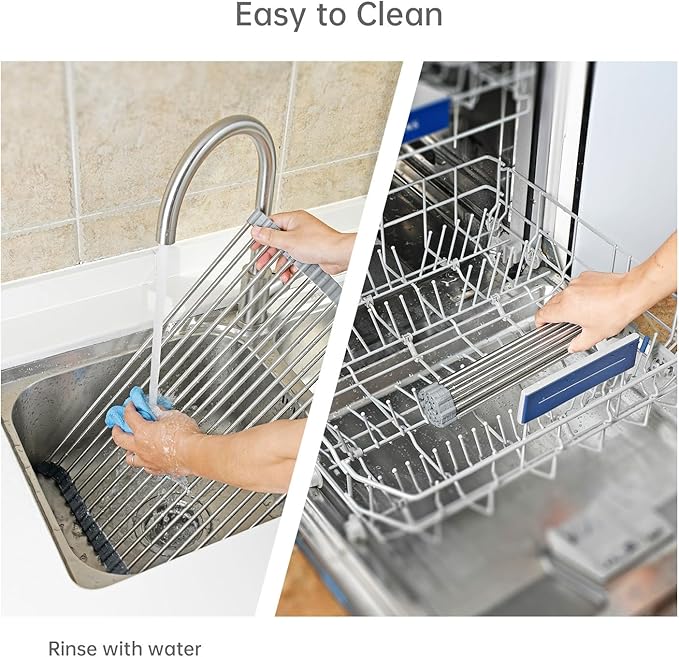 Large Expandable Roll Up Dish Drying Rack, Heat-Resistant Dish Drainer for Stainless Steel Sinks, Over The Sink Non-Slip Silicone Rollable Dish Drainer Roll Rack 18 Tube Gray 21.25''x12.79''