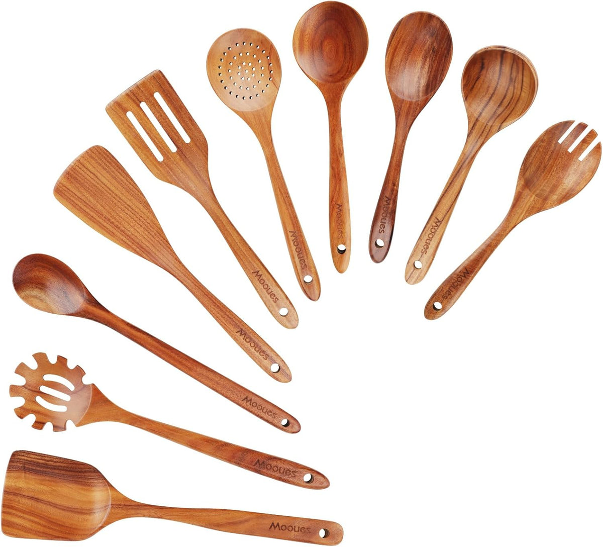 9‑Piece Natural Teak Wooden Kitchen Utensil Set with Spoon Rest and Holder