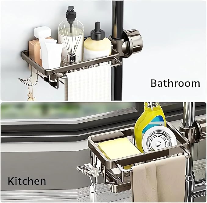 Kitchen Sink Faucet Organizer, Kitchen Sink Organizer Over Faucet, Over Sink Dish Drying Rack, Sponge Holder for Kitchen Sink, for 0.7-1.1 inch Round Water Pipe (Grey, Integrated Type)