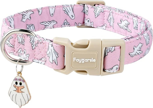 Faygarsle Pink Ghost Pattern Dog Collar with Charm, Halloween Pet Necklace, Adjustable Collar for Small Medium Large Dogs S