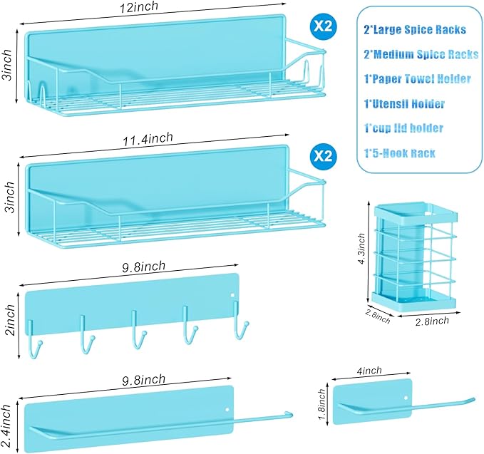 Magnetic Spice Rack for Refrigerator,8 Pack Magnetic Fridge Shelf, Moveable Spice Organizer with Hook Rack, Paper Towel Holder, Utensil Holder,cup lid holder, Super Magnetic Rack Set (Blue)