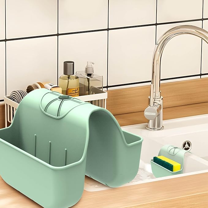 Sponge Holder for Kitchen Sink, Silicone Sink Saddle Caddy Organizer Rack, Sponges Holder Over Faucet, Hanging Kitchen Organizer Accessories Rack Basket Green