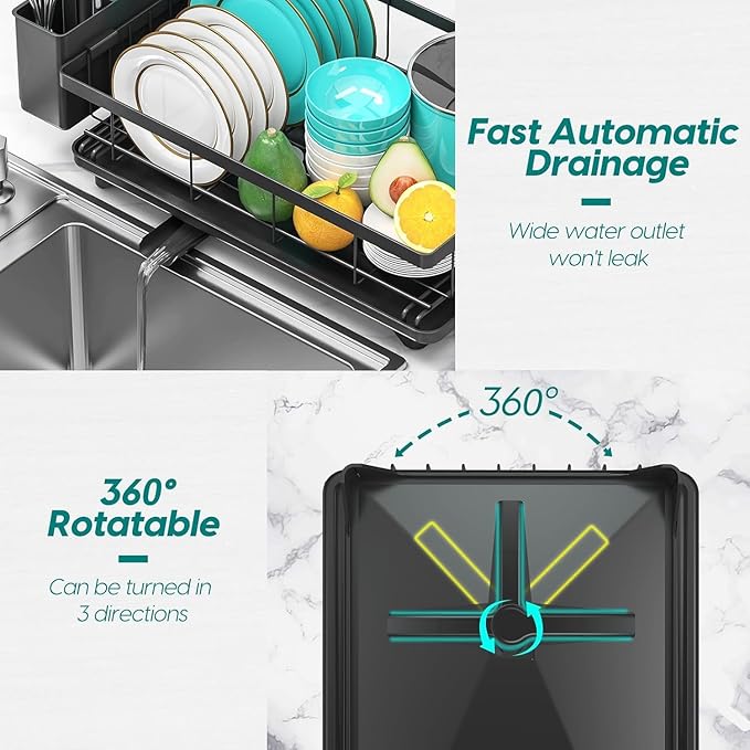 MERRYBOX Dish Drying Rack Space-Saving Dish Racks for Kitchen Counter, Rustproof Drying Rack Kitchen with Large Utensil Holder and Increased Feet, 16.5" D x 11.4" W x 5.65" H, Black