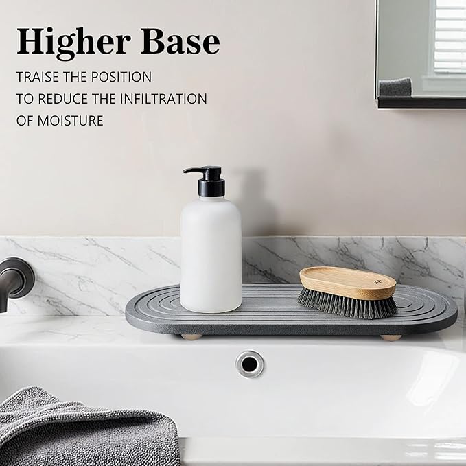 Instant Dry Sink Caddy Organizer, Fast Drying Sink Caddy, Water Absorbing Stone Sponge Holder for Kitchen and Bathroom Countertop with Natural Loofah and Wooden Feet
