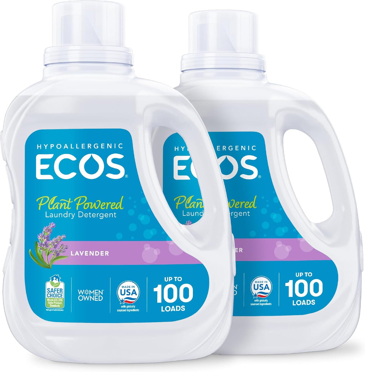 ECOS Laundry Detergent Liquid, 200 Loads - Dermatologist Tested Laundry Soap - Hypoallergenic, EPA Safer Choice Certified, Plant-Powered - Lavender, 100 Fl Oz (Pack of 2)