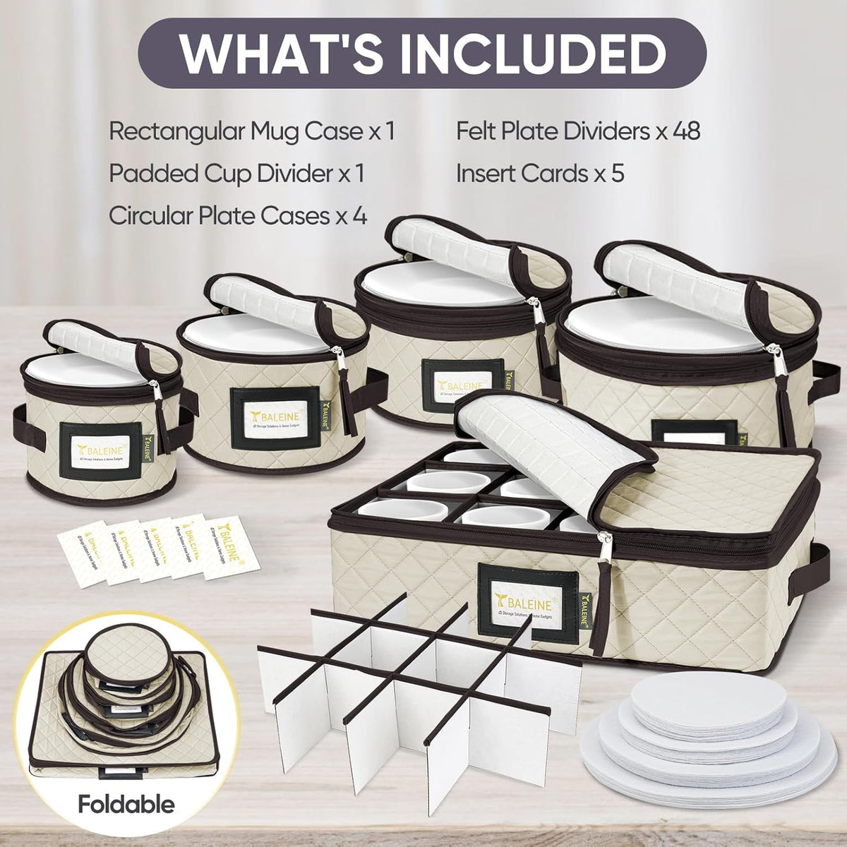 BALEINE China Storage Containers, Sturdy Quilted Wine Glass Storage, Plate Organizer with Carry Handles, Moving Boxes for Dishes, Cups, Mugs and Stemware (Plate Mug Combo, Soft Shell Cream