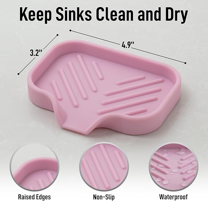 Zulay Kitchen Small Silicone Sponge Holder (4.9x3.3”) – Space-Saving Sink Organizer Tray for Sponge, Soap, Brush & More – Compact Non-Slip Dish for Kitchen & Bathroom (Pink)